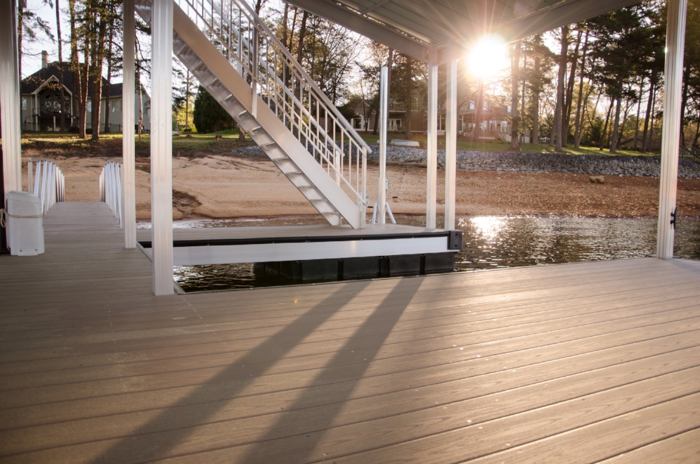 A dock featuring stairs, providing easy access between the water and the elevated platform.