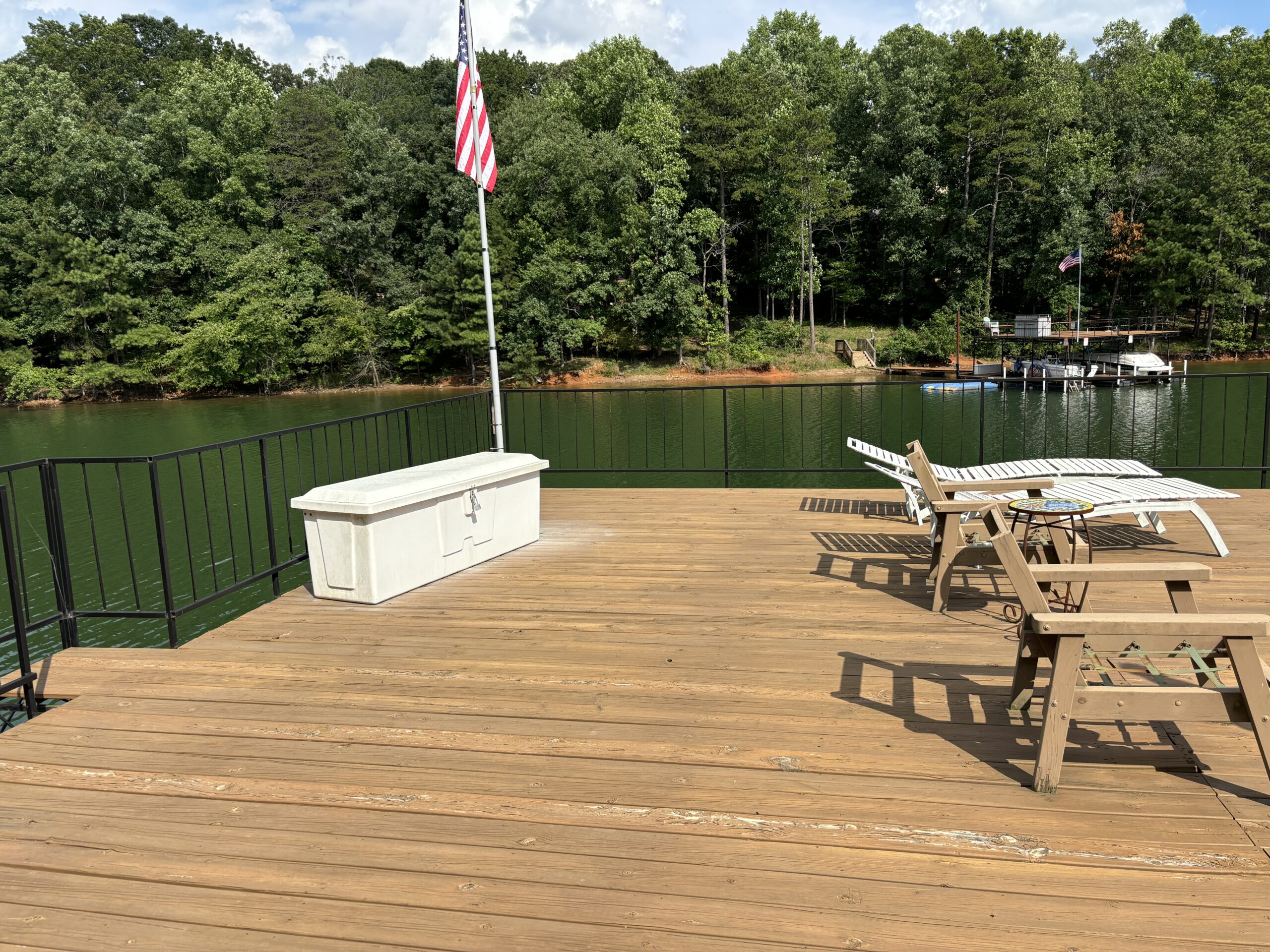 A dual slip boat dock with sundeck.