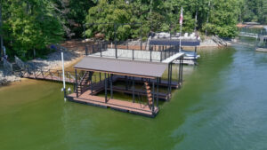 Modern dock with upper deck on Lake Lanier. Built by Martin Docks in Gainesville Ga for Lanier Lakefront House