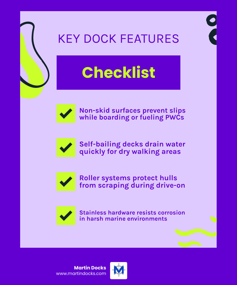 Diagram of a drive-on PWC dock showing roller placement and walk-around space - double floating jet ski dock for sale