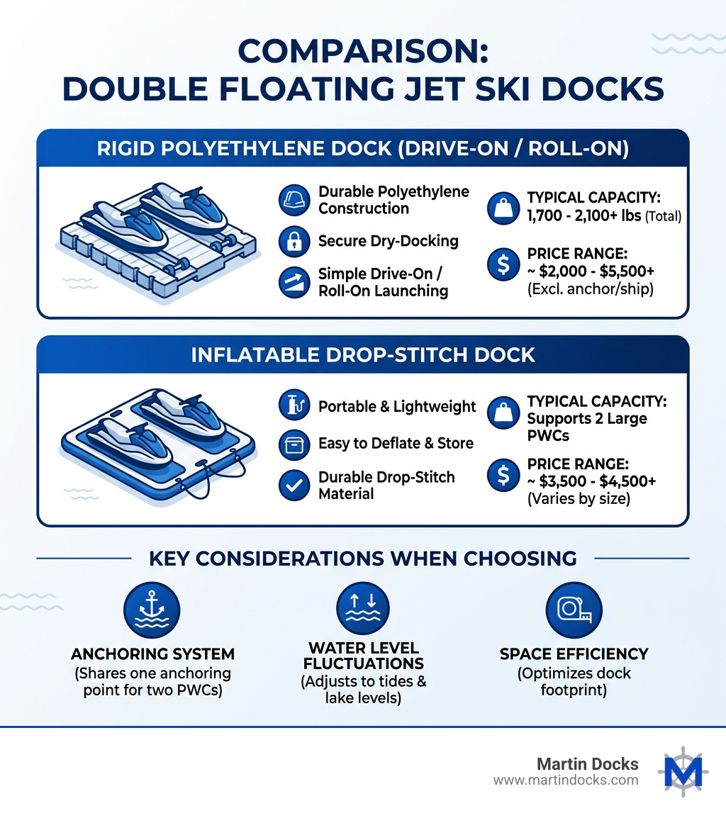 Comparison infographic of double floating jet ski dock types, features, prices, and capacity - double floating jet ski dock