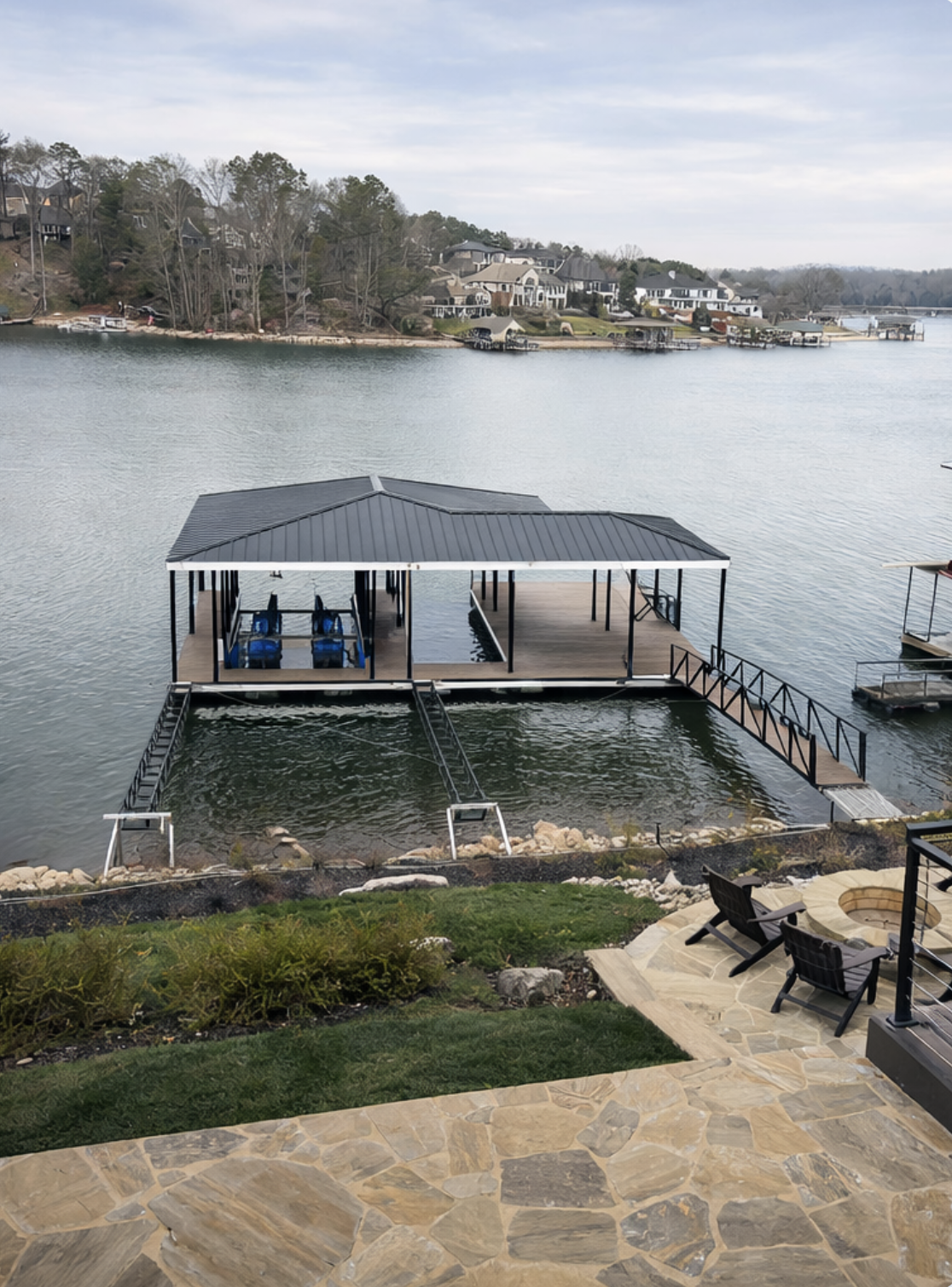 Custom double-decker boat dock with sundeck on Lake Lanier built by Martin Docks